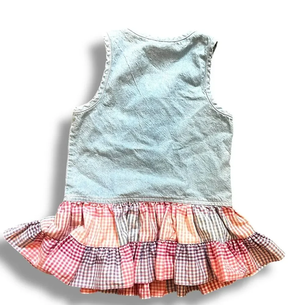 Vintage Bonnie Jean Sport Girls Denim & Tartan Plaid Tiered Hem SleevelessDress